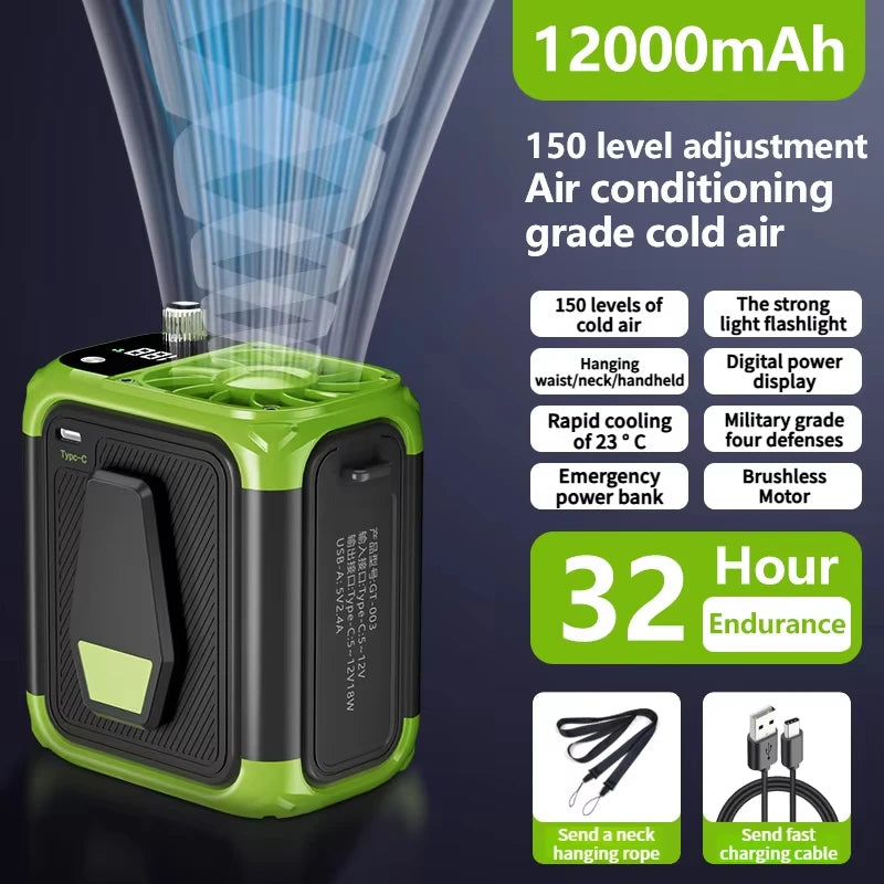 High Speed Waist Hanging Cooling Fan, USB Rechargeable 12000mAh Portable Personal Fan with 150 Levels for Outdoor & Travel