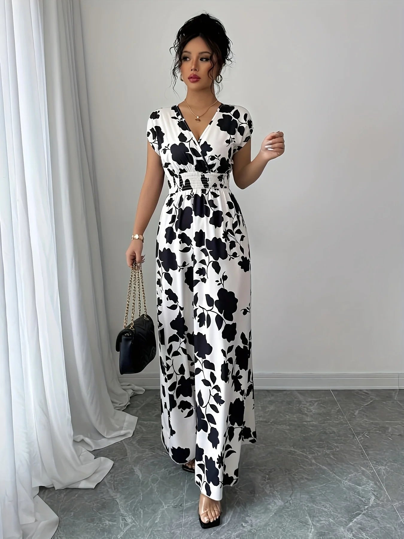 Ladies' Elegant Black and White Floral Print V-Neck Elastic Drawstring Waist Cinching A-Line Vacation Dress