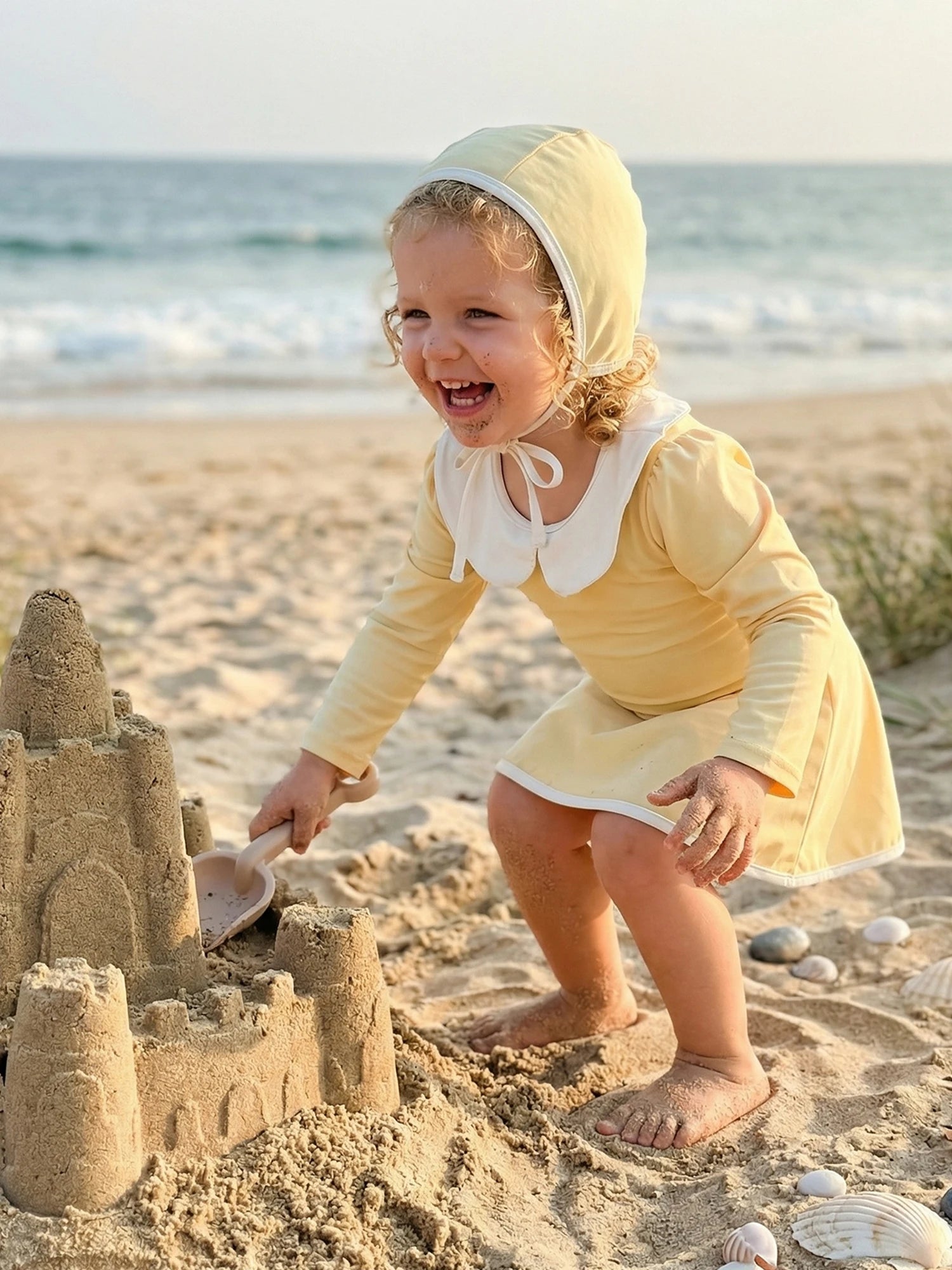 1-6T 3Pcs Little Girls Swimsuit Set Doll Collar Long Sleeve Contrast Color Rash Guard Swimwear Skirt and Hat