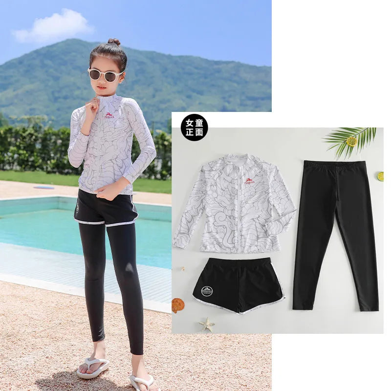 Girls Swimsuit Girls Long Sleeve Rash Guard 3-Pieces Bathing Suit 100cm-160cm Height Athletic Sweatsuit Activewear Tracksuit