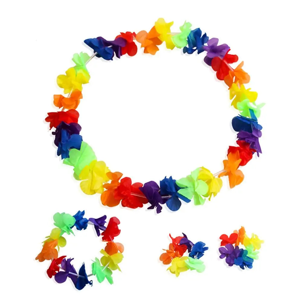 4pcs/set Hawaiian Flower Lei Hula Necklace Garland Headband Wristbands Wedding Decorations Beach Tropical Party Supplies