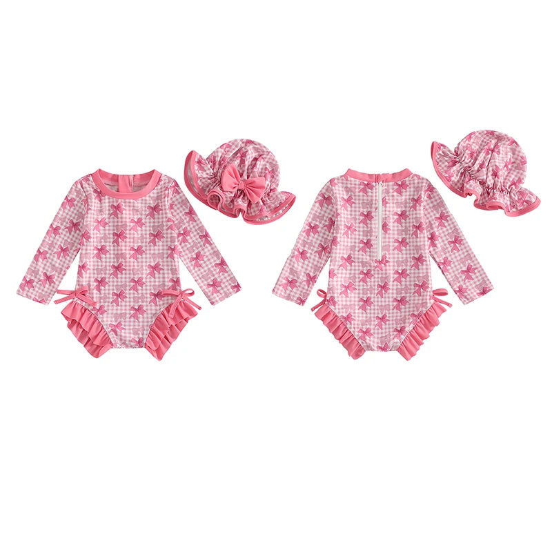 1-4T Children Baby Girl Rash Guard Swimsuit Long Sleeve Bow Plaid Print Bathing Suit Infant Swimwear with Sun Hat