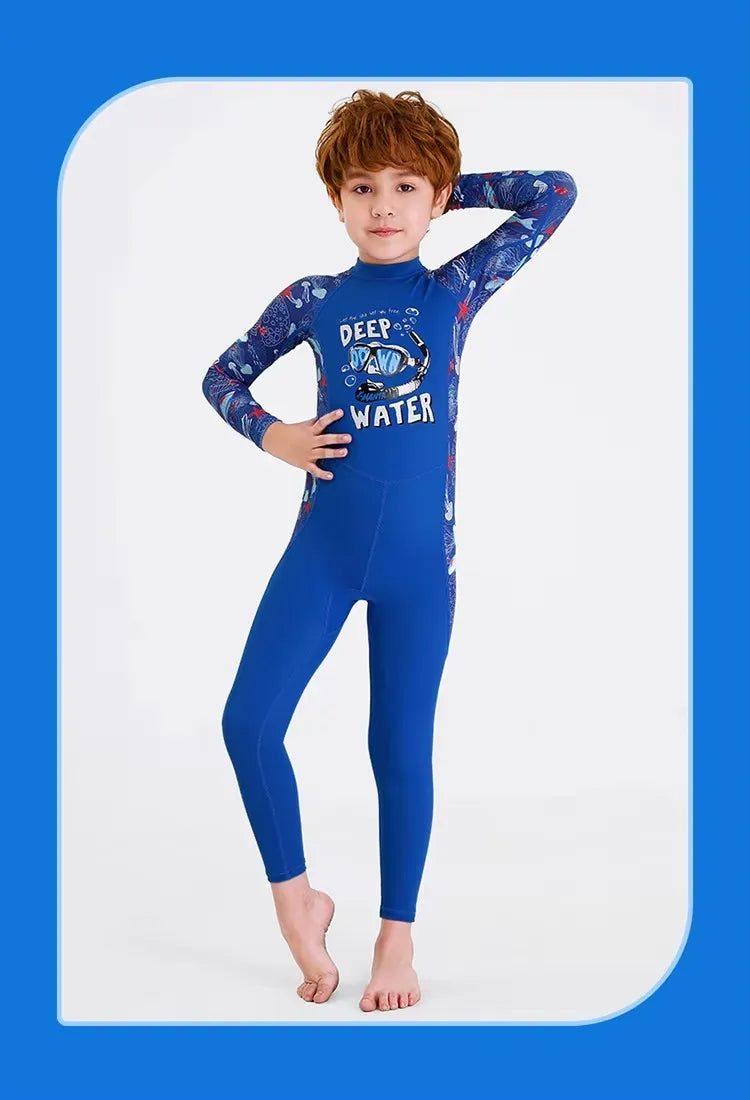 Girl Boy Swimwear Zipper One Piece Suit Kids Sunscreen Quick Drying Long Swimsuit Beachwear Bathing Suit(Including Swimming Cap)