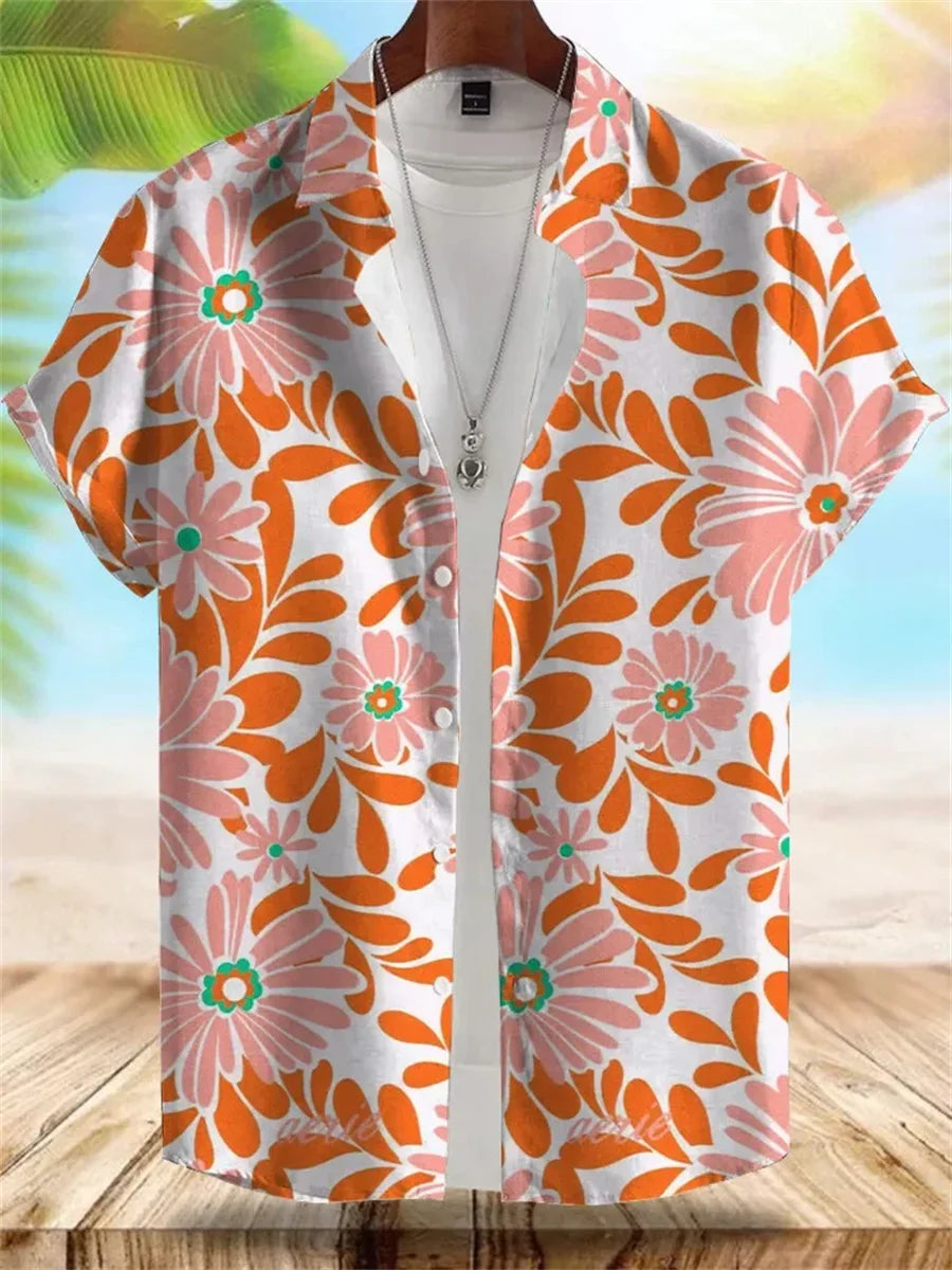 2026 Summer New Men's Tropical Floral Print Short-Sleeve Shirt, Casual Loose Fit, Vacation Style, Beachwear, Hawaiian Shirt