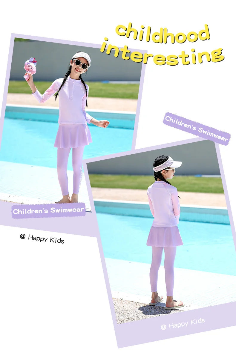 Two Piece Long Sleeve Girls Swimwear With Skirt Burkini Swimsuit Kids Children Modest Swimming Suit Sun Protection Beachwear