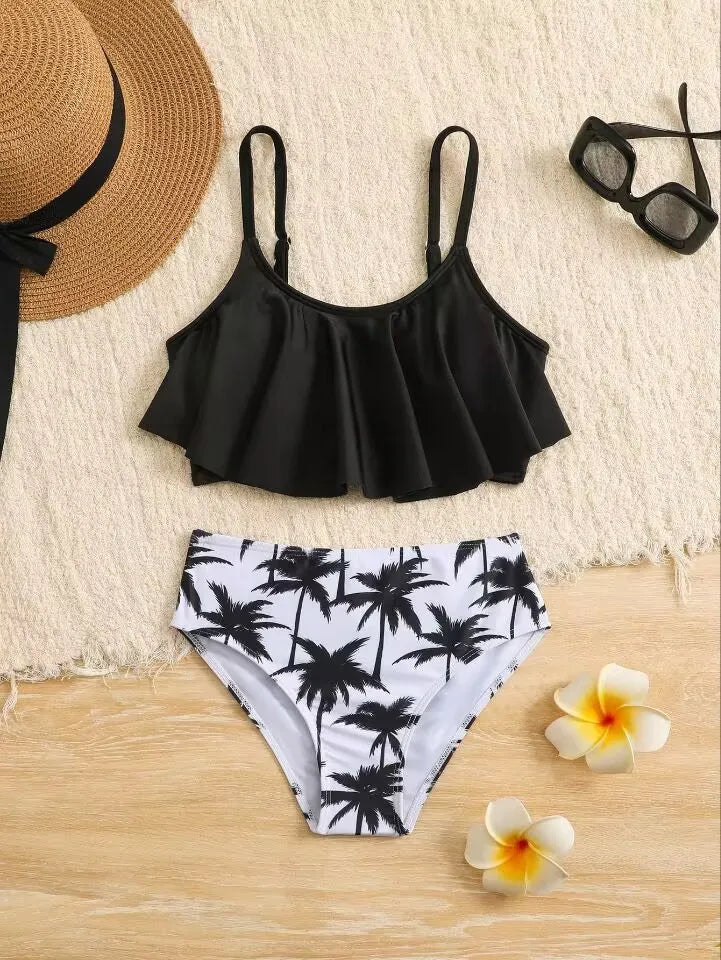 7-12 Years Girls Kids High Waist Ruffle Swimwear Summer Beach Children Swimsuit Print Biquini Teens Bathing Suit Pink Bikini Set