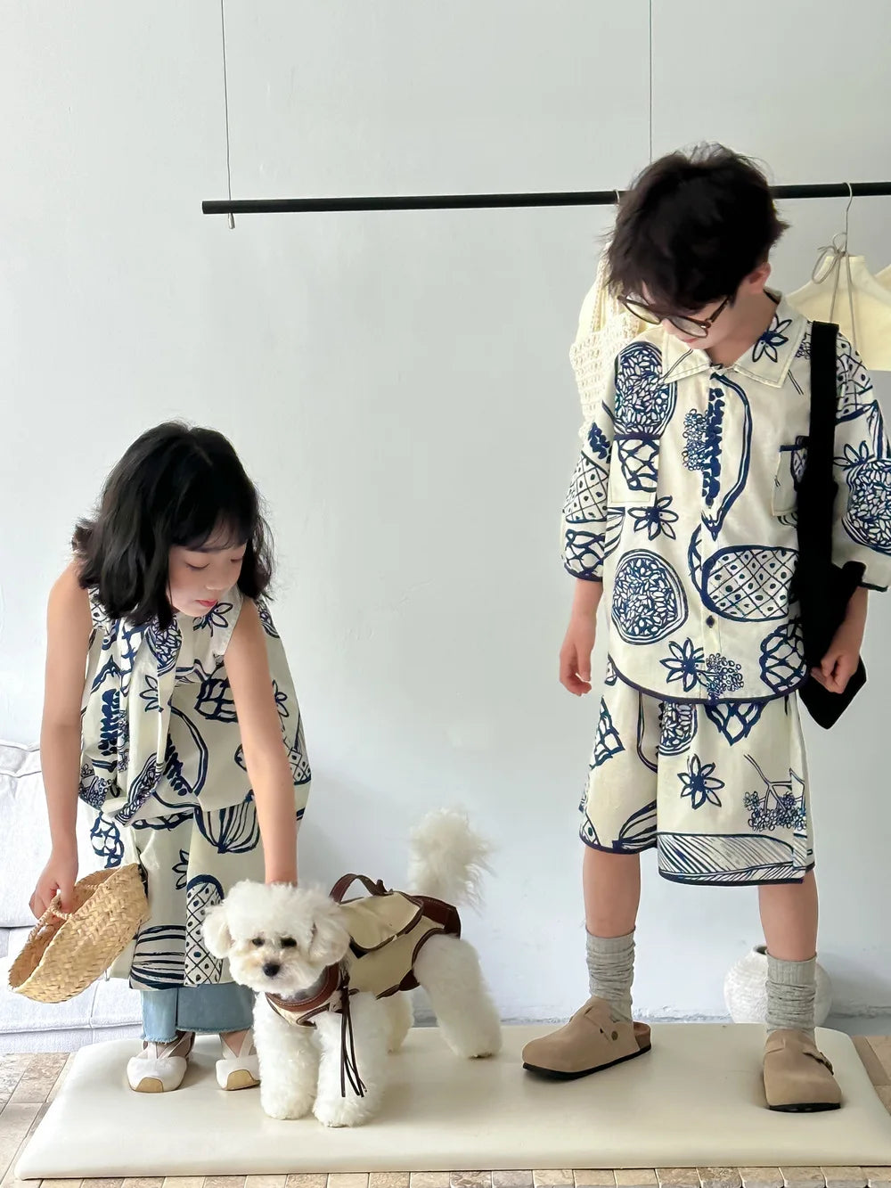 22386-1 Brother Sister Clothes  Boy's Summer Suit Girl's Dress Or Casual Short-sleeved Shirt+Shorts Two-piece Suit