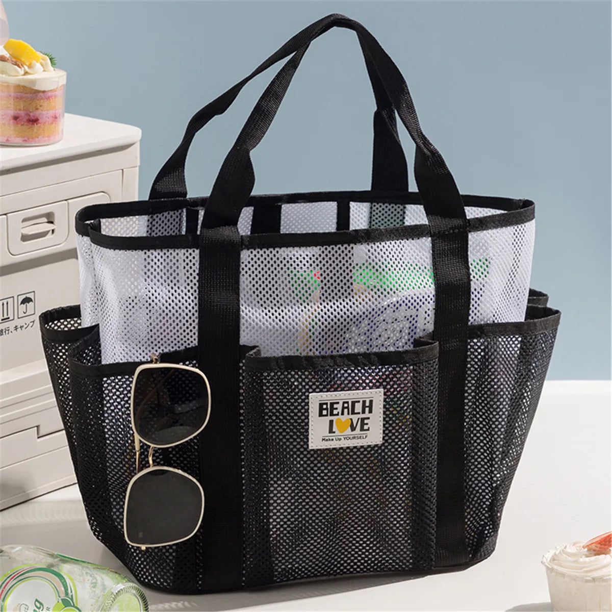 Mesh Gym Beach Tote Bag Large Capacity Portable Handheld Travel Bag Swimming Swimsuit Storage Pouch for Outdoor Vacation