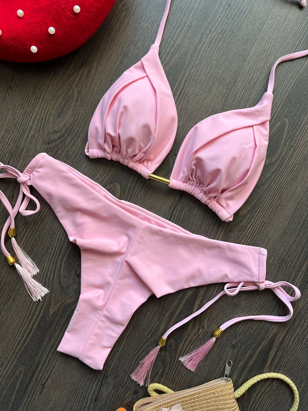 2025 New Sexy Triangle Bathing Suit for Women Brazilian Bikinis Halter Swimwear Push Up Swimsuit Metal Chain Beach Bikini Set
