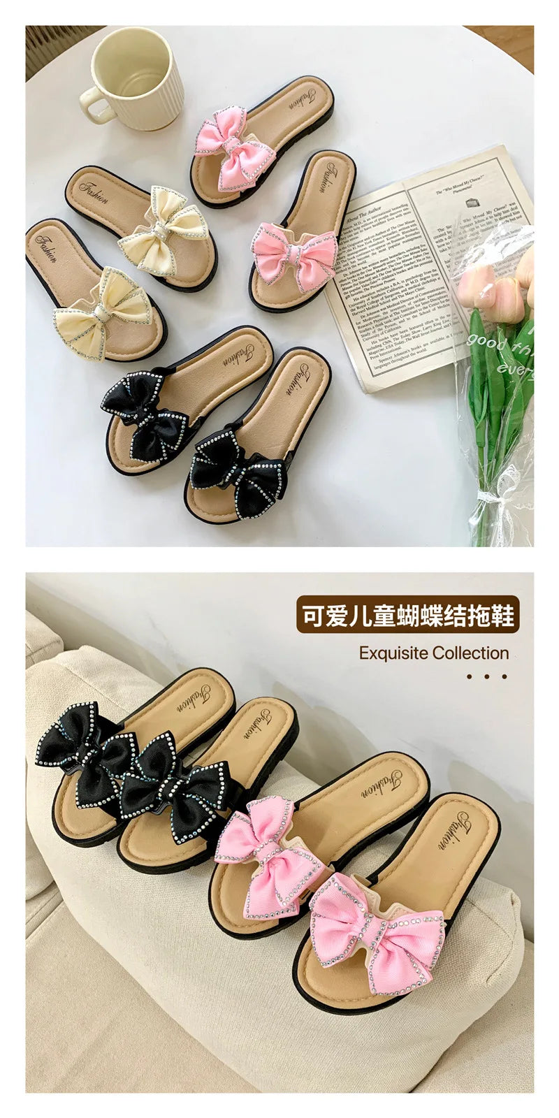 2026 New Bow Flats Open Toe Slide Sandals Non-slip Flip Flops Children Home Slippers Kids Girls Summer Cute Beach Slippers Shoe