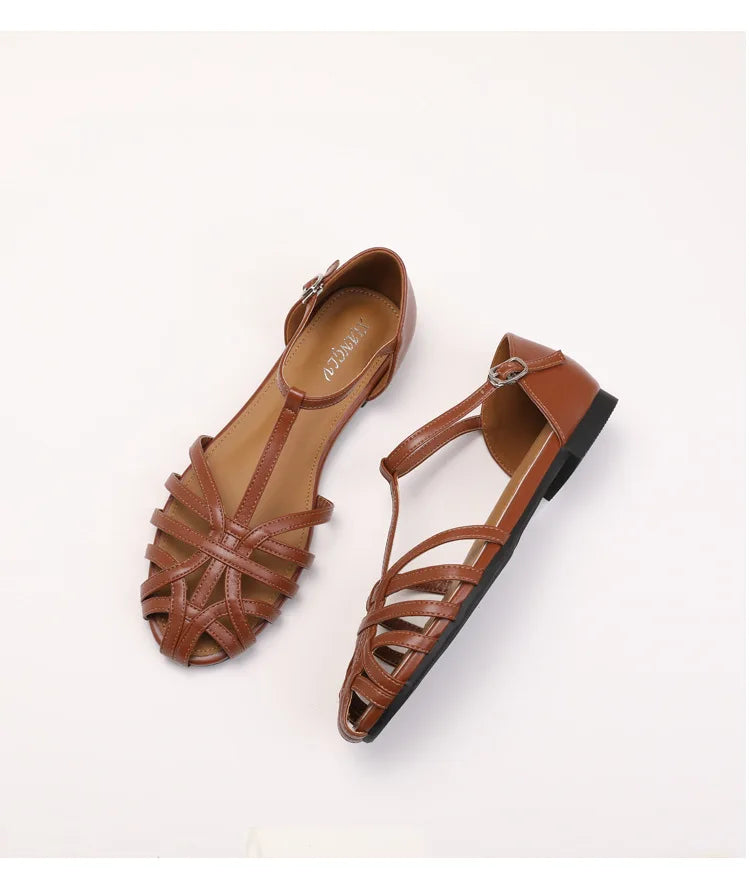 ZAROY Women's Sandals Summer Casual Footwear T-tied Cross Strap Flat Sandals Weave Hollow Roman Sandalia Zapatos сандали