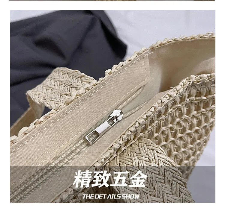 French style large capacity woven straw woven bag for women, new beach vacation shoulder bag, casual commuting tote bag