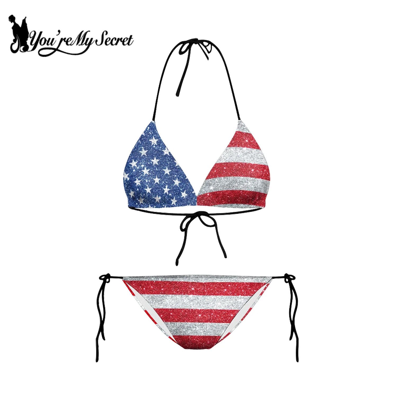 [You're My Secret] Women USA Flag Print Two Piece Bikini Set Halter Triangle Tie Side Swimsuit Summer Beach Pool Party Swimwear
