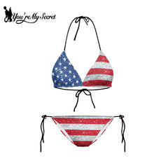[You're My Secret] Women USA Flag Print Two Piece Bikini Set Halter Triangle Tie Side Swimsuit Summer Beach Pool Party Swimwear