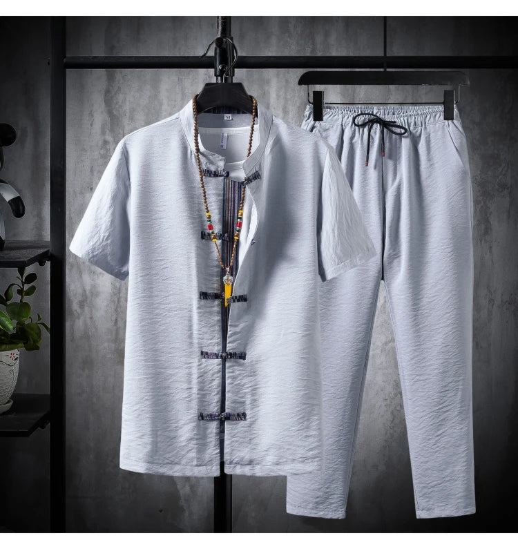 Shirts + Pants summer 100% Cotton linen shorts sleeve Men's Casual Sets Male Fashion trousers and shirts men full size M-5XL