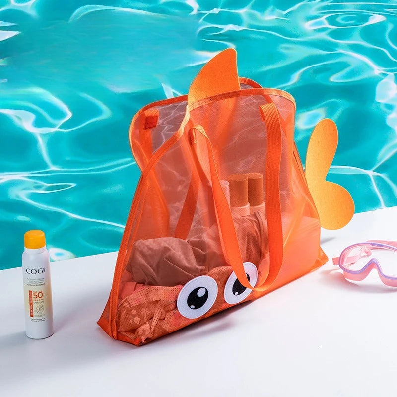 Cartoon Kids Mesh Beach Bag Large Capacity Foldable Sand Toy Storage Tote Lightweight Swim Pool Bag for Gym Travel Camping