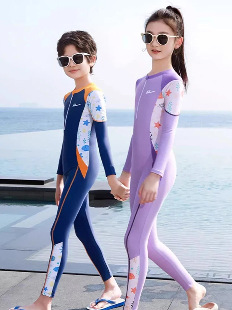 Girls And Boys Swimwear One Piece Long Sleeve Swimsuit Kids UV Protection Front Zipper Children Swimming Suit Summer Beachwear