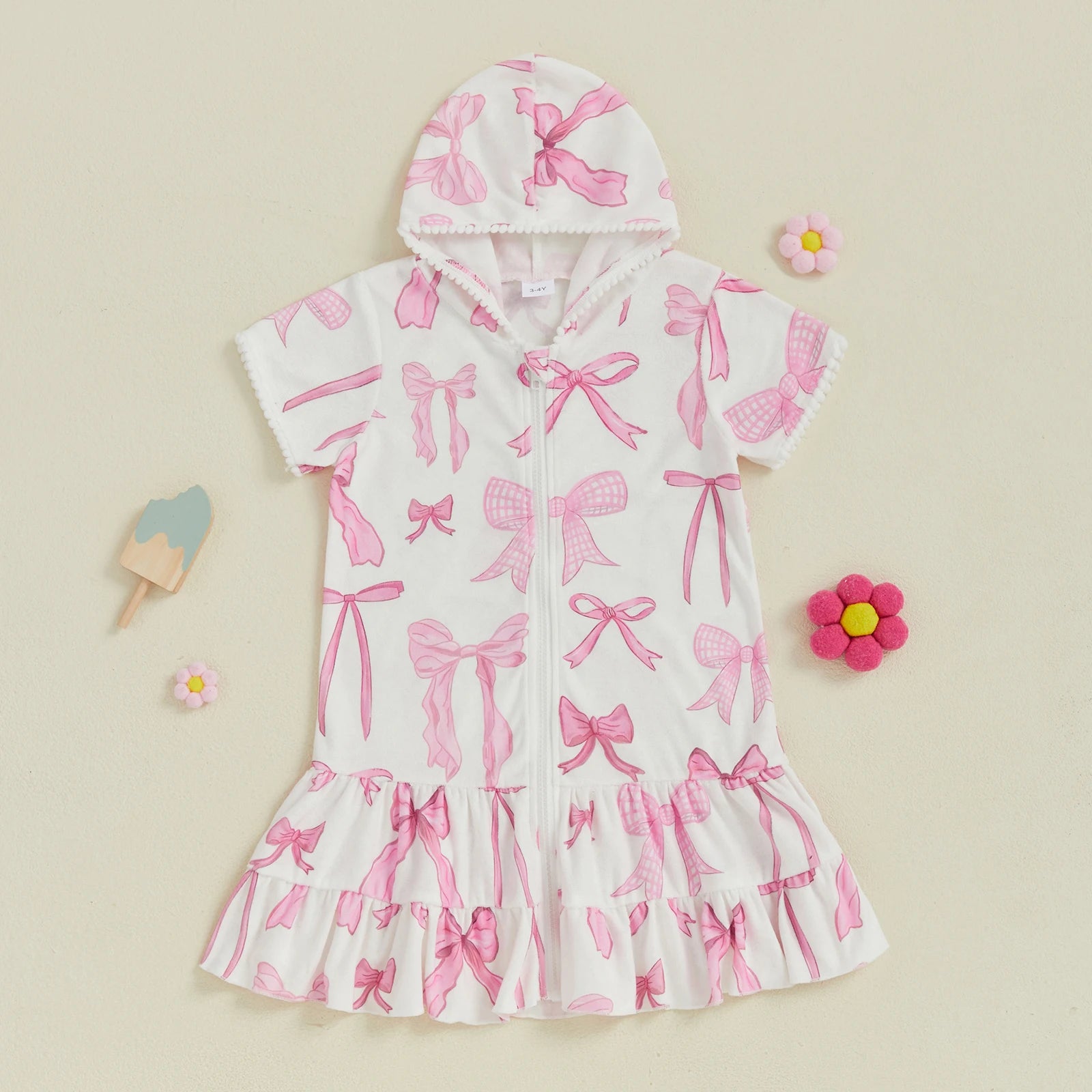 Children Baby Girls Swim Coverups Summer Beachwear Bow Print Short Sleeve  Hooded Bathrobe Absorbent Dress Zip-Up Robe Towel