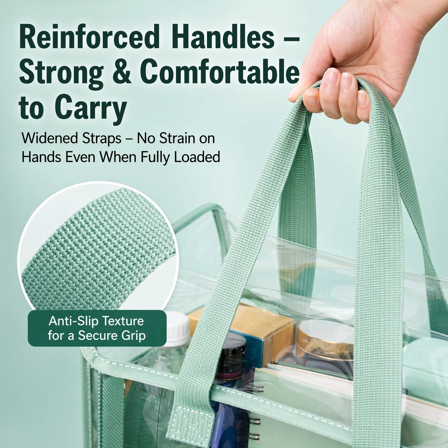 Clear Transparent PVC Tote Bag Large Capacity Waterproof Mesh Pocket Reinforced Handle for School Commute Beach