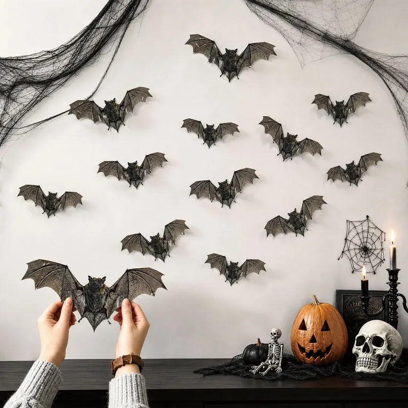 12pcs/pack Halloween Simulated Bat Wall Stickers PVC Waterproof Double Sided Print Bat Decals Home Window Door Wall Decor Party