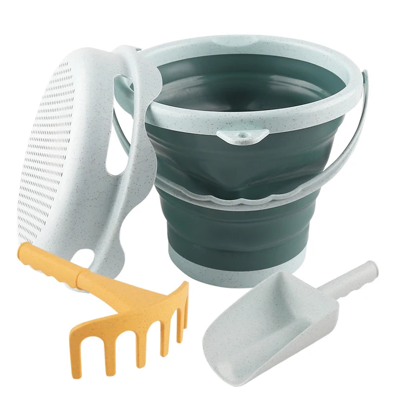 4 in 1 new style 4 Piece Beach Toy Set Collapsible Bucket, Shovel and RakeEasy to carry and catch the sea bucket toys.2025