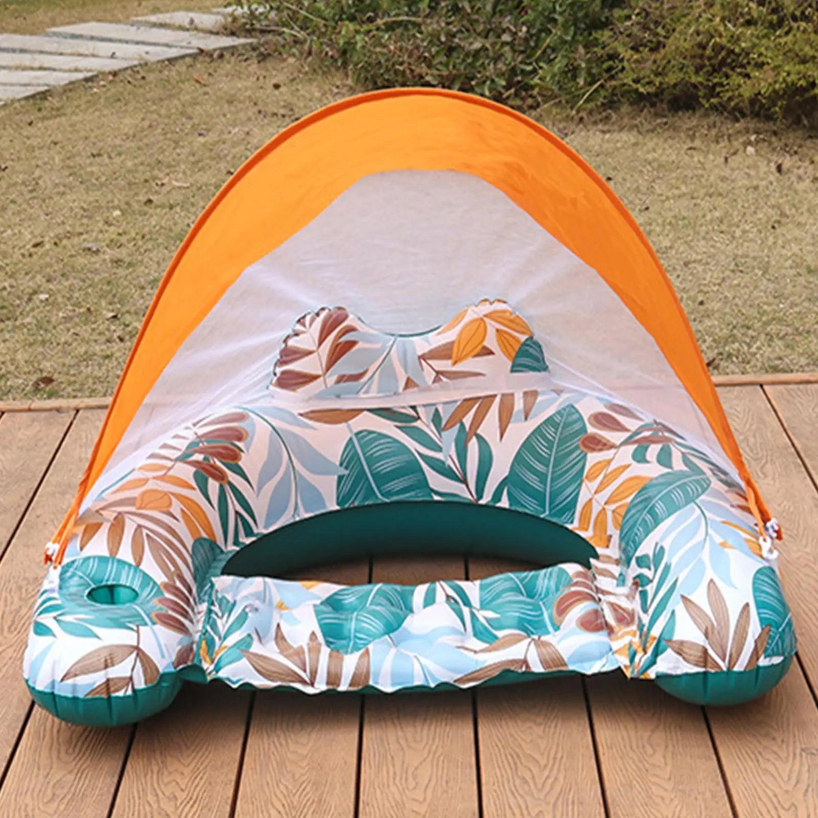 Inflatable Pool Float with Canopy Floating Lounge Chair Ergonomic Headrest Water Hammock for Summer Beach Vacation Relaxation