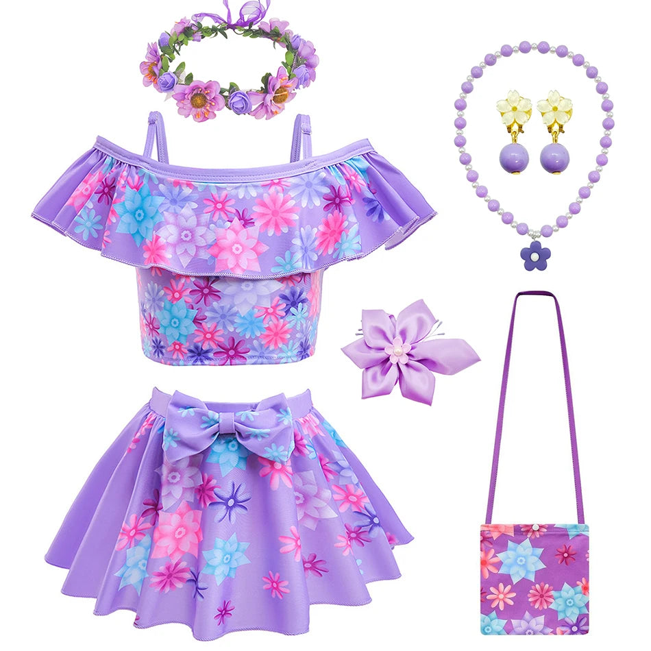 Encanto Cosplay Mirabel Isabela 2Pcs Tops Skirt Set Girls Dolores Luisa Pepa Bikini Swimwear Children Print Beachwear Costumes