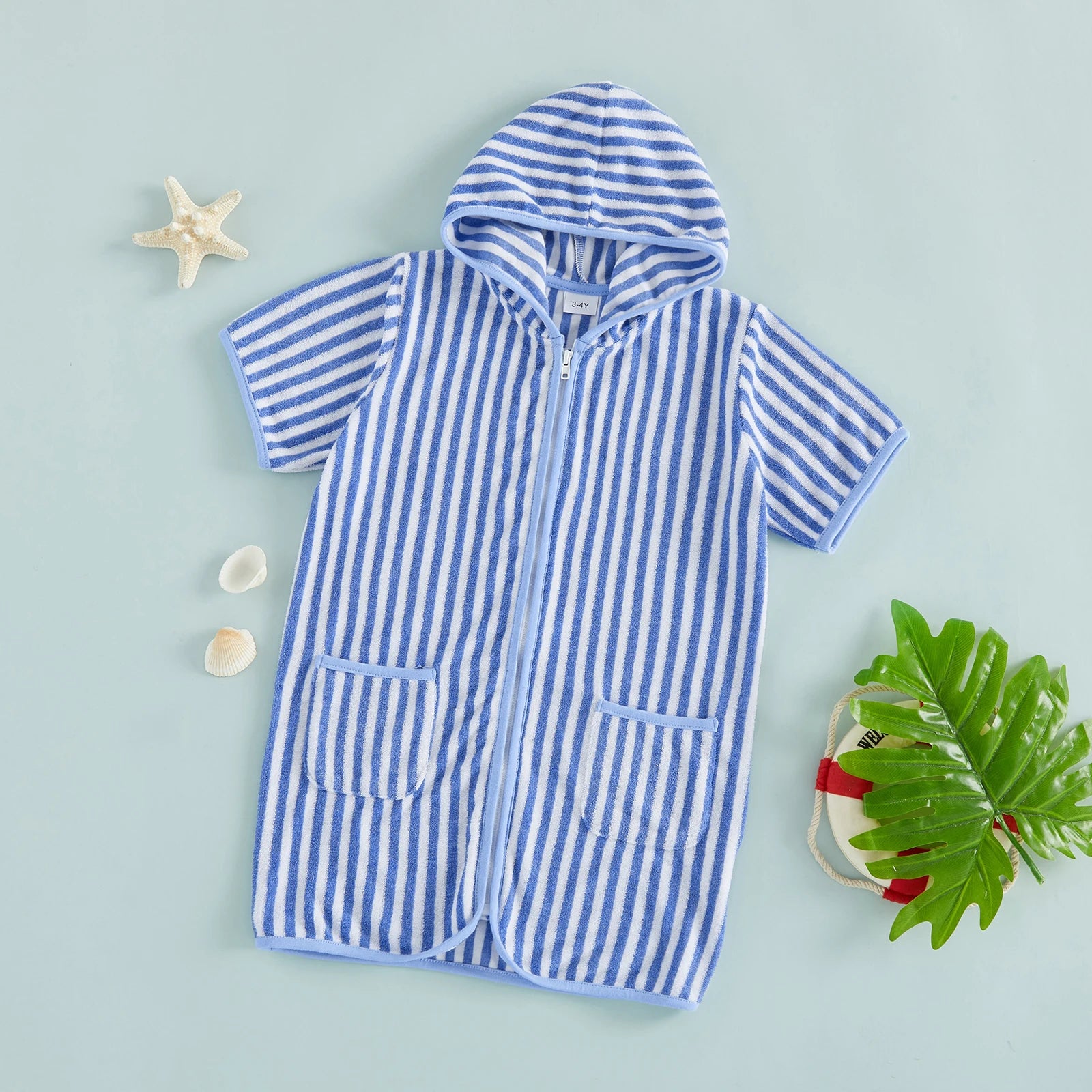Summer Baby Swim Cover Up Bathing Suit Kids Hooded Towel Infant Boys Girls Short Sleeve Stripes Print Bathing Suit Coverup