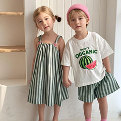 Children Clothes 2025 Summer New Cotton Stripe Baby Girl Suspender Dress Or Boy's Suit Brother And Sister Clothes