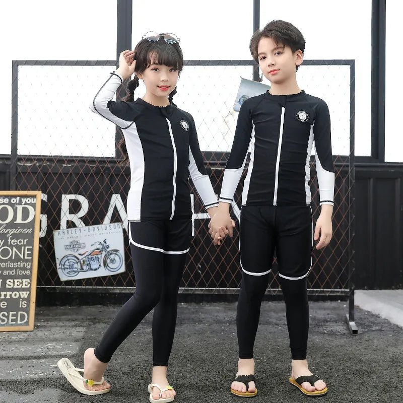 Boys Girls Swimsuit Long Sleeve Sun Protection Swimming Bathing Surfing Wetsuit Beach Wear Teenager Rash Guard