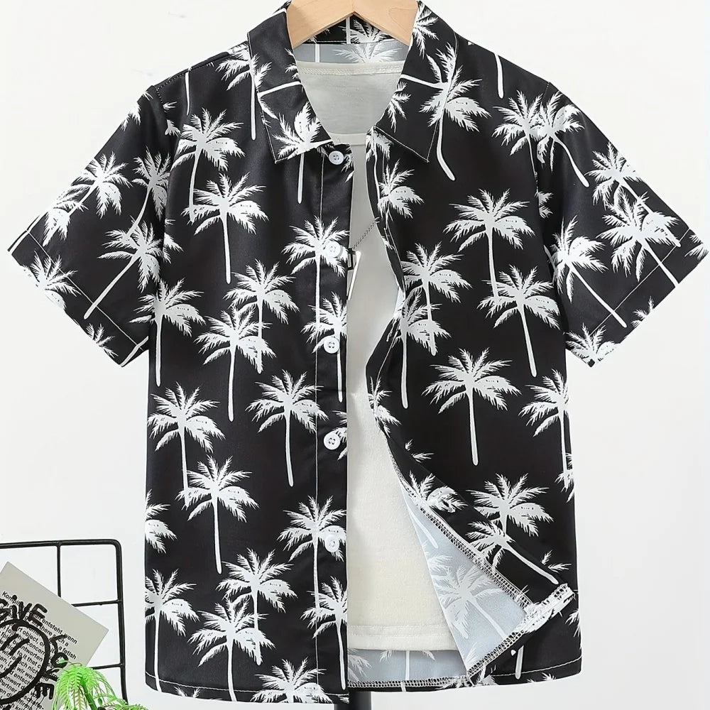 Hawaiian Children's Shirt Coconut Tree Pattern Print Kids's Short Sleeves Shirt Holiday Seaside Tops Outdoor Children's Clothing