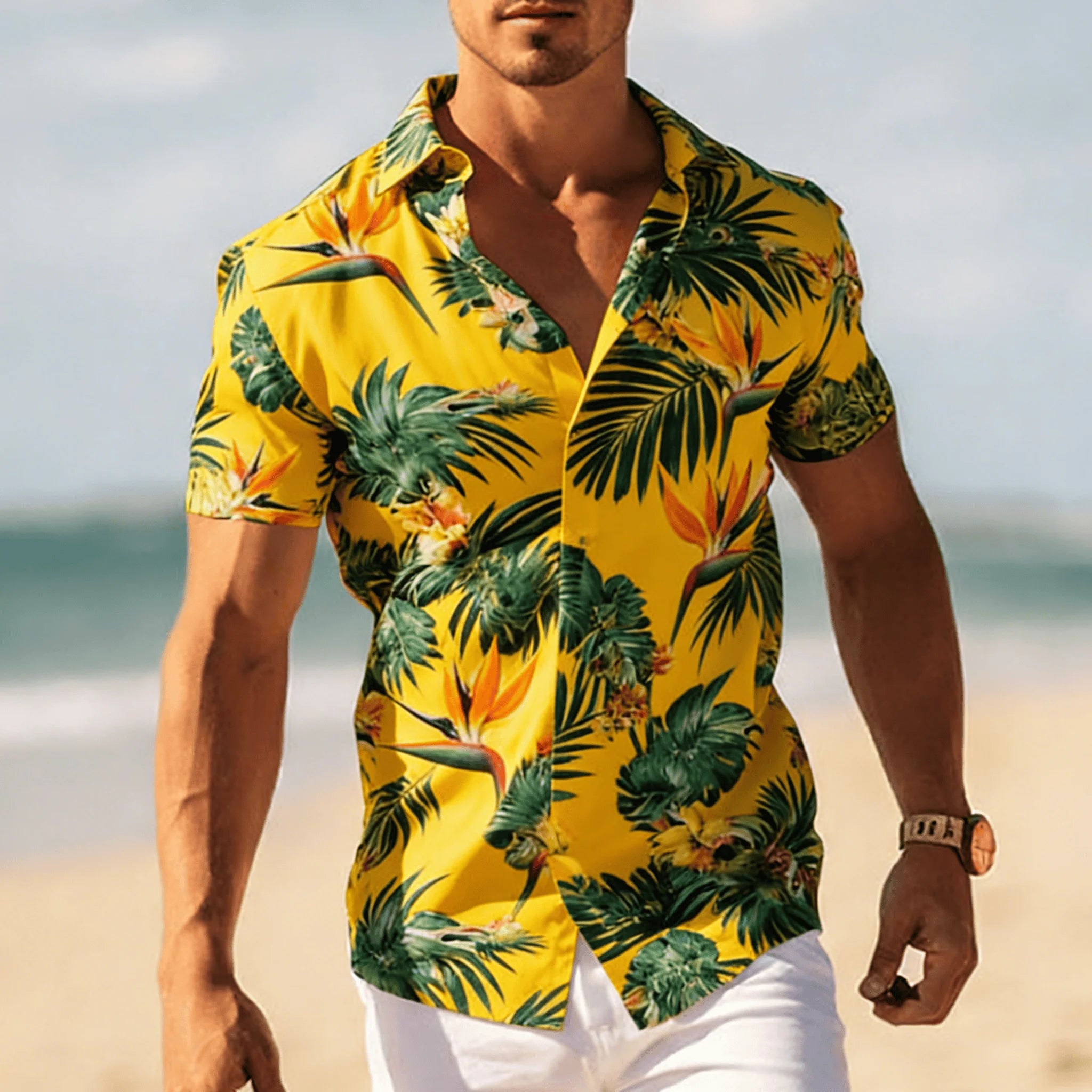 Men's Tropical Floral Print Short Sleeve Shirt, Spring Summer Cool Vacation Casual Top, Pocket Lapel Style