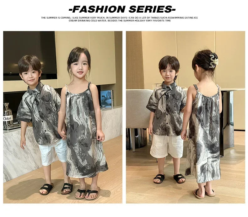 2025 Vacation Look Family Clothes Couple Beach Wear Brother Sister Dad Son Print Shirts Mom Daughter Matching Sleeveless Dress