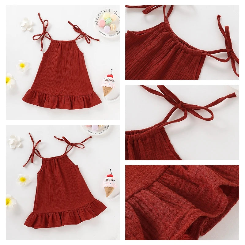 1-5 Years Old Kid Girl Summer Breathable Cotton Slip Dress Adjustable  Solid Color Halter Dress Toddler Girl Holiday Beachwea