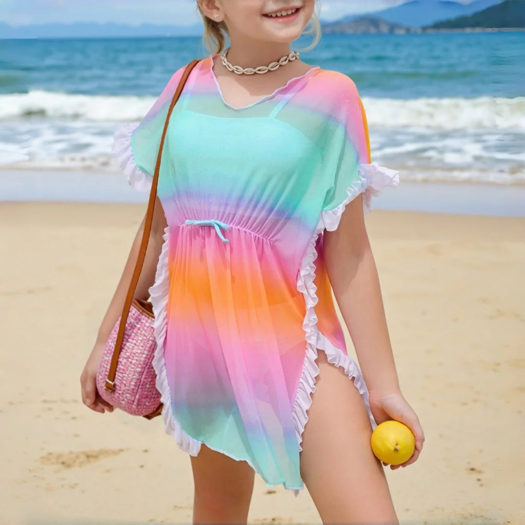 Tween Girls Ombre Ruffle Trim Knot Front Cover Up Teen Girls Bathing Suit Beach Cover Up Dress for Swimming For Beach And Pool