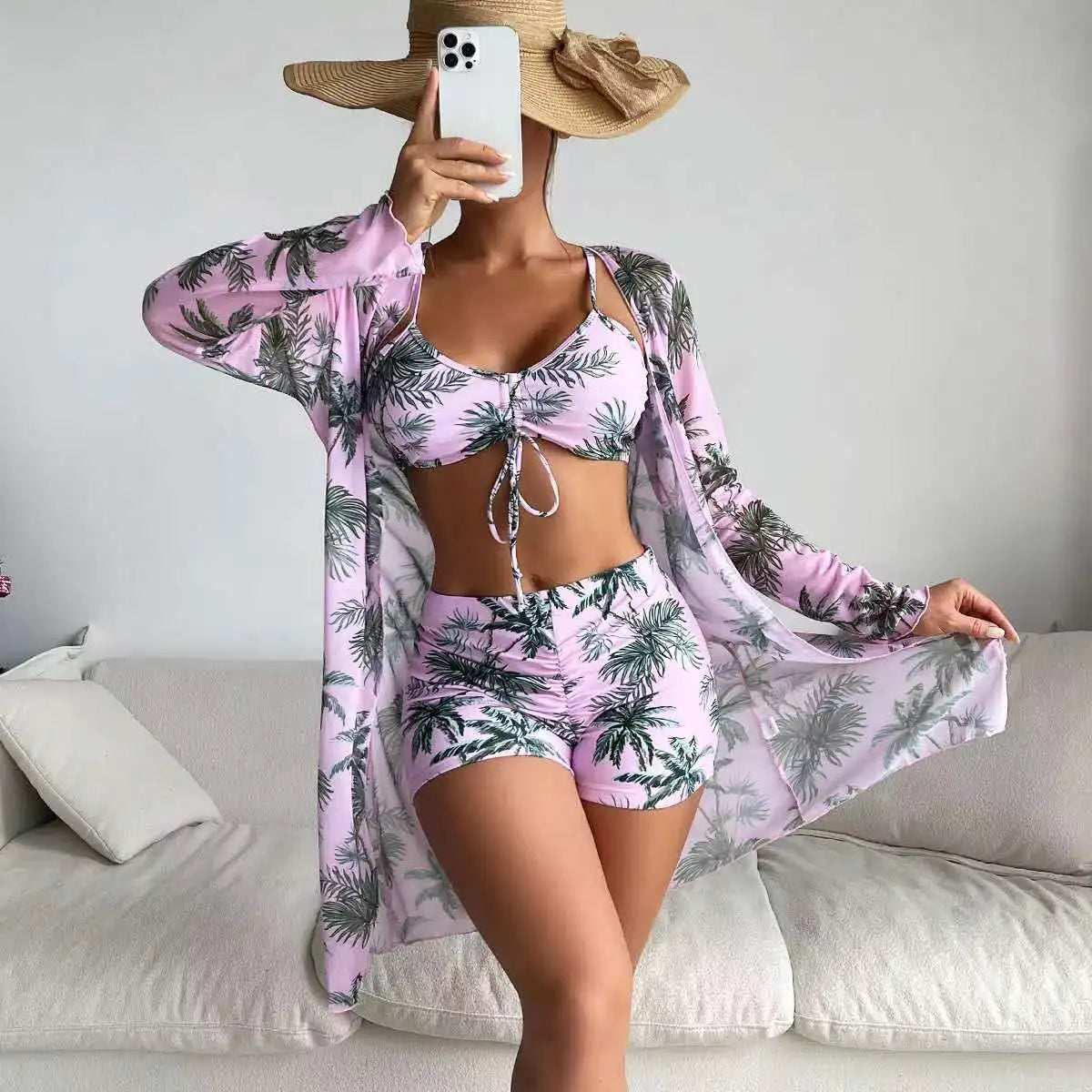 Summer Print Swimsuits Tankini Sets Female Swimwear Sports Beach Wear Three-Piece Bathing Suits Pool Women's Swimming Suit