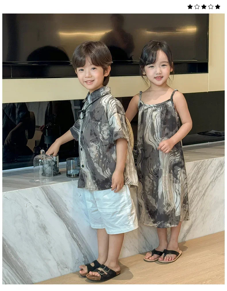 2025 Vacation Look Family Clothes Couple Beach Wear Brother Sister Dad Son Print Shirts Mom Daughter Matching Sleeveless Dress