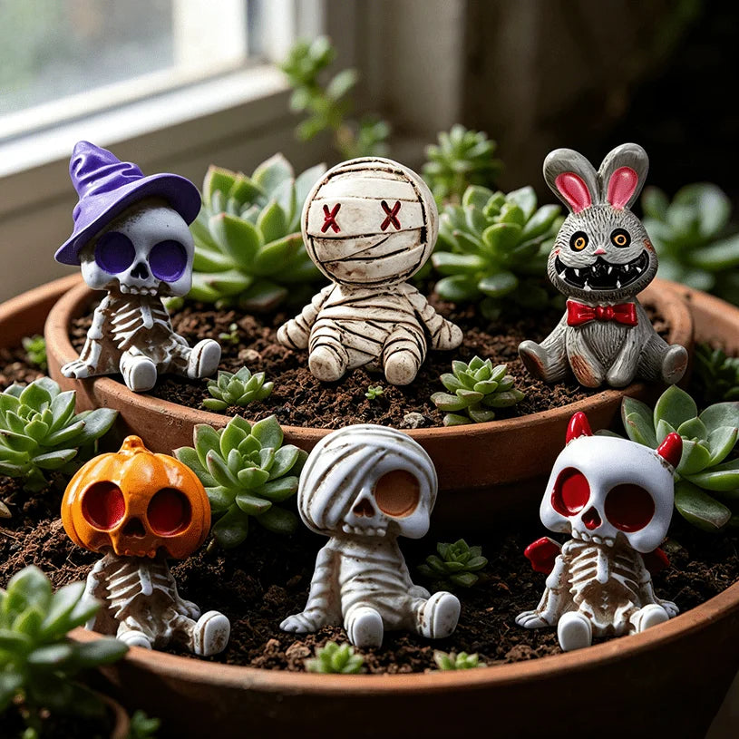6Pcs Halloween Miniature Figurines Resin Skeleton Mummy Statues for DIY Micro Landscape Bonsai Car Desk Decor Party Gift