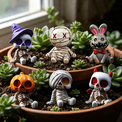 6Pcs Halloween Miniature Figurines Resin Skeleton Mummy Statues for DIY Micro Landscape Bonsai Car Desk Decor Party Gift