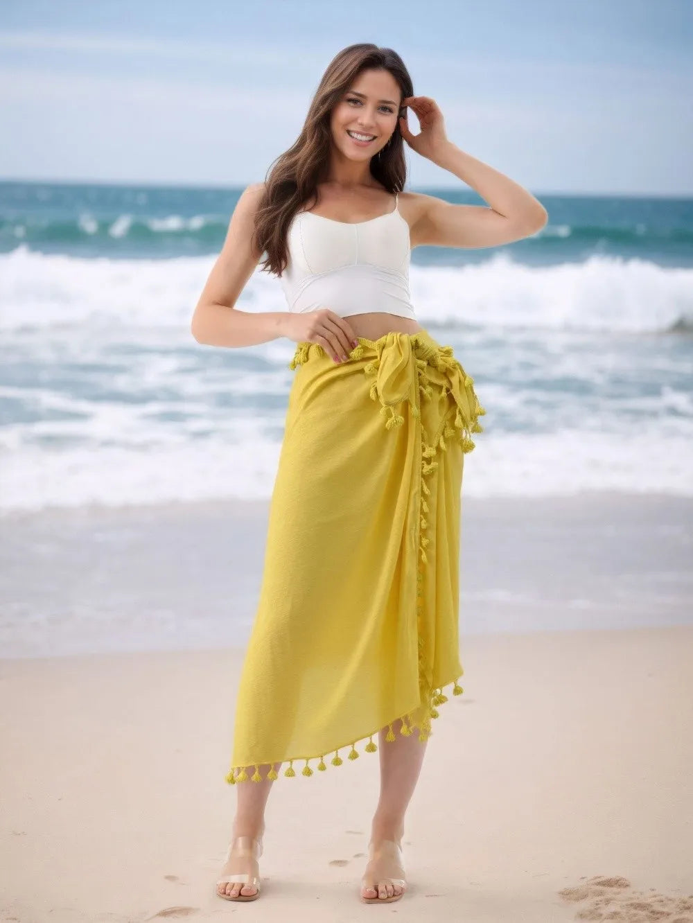 Solid Color Beach Wrap Skirt Sheer Design Quick Drying Sarong Beach Towel Knot Side Tassel Trim Bikini Cover Up