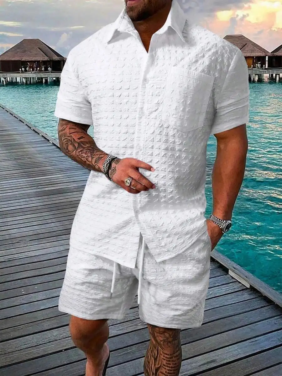 Genlund Men's Burnt Orange Summer 2 Piece Set,Boho Short Sleeve Print Shirt And Shorts,Tropical Vacation Holiday Outfit,Resort