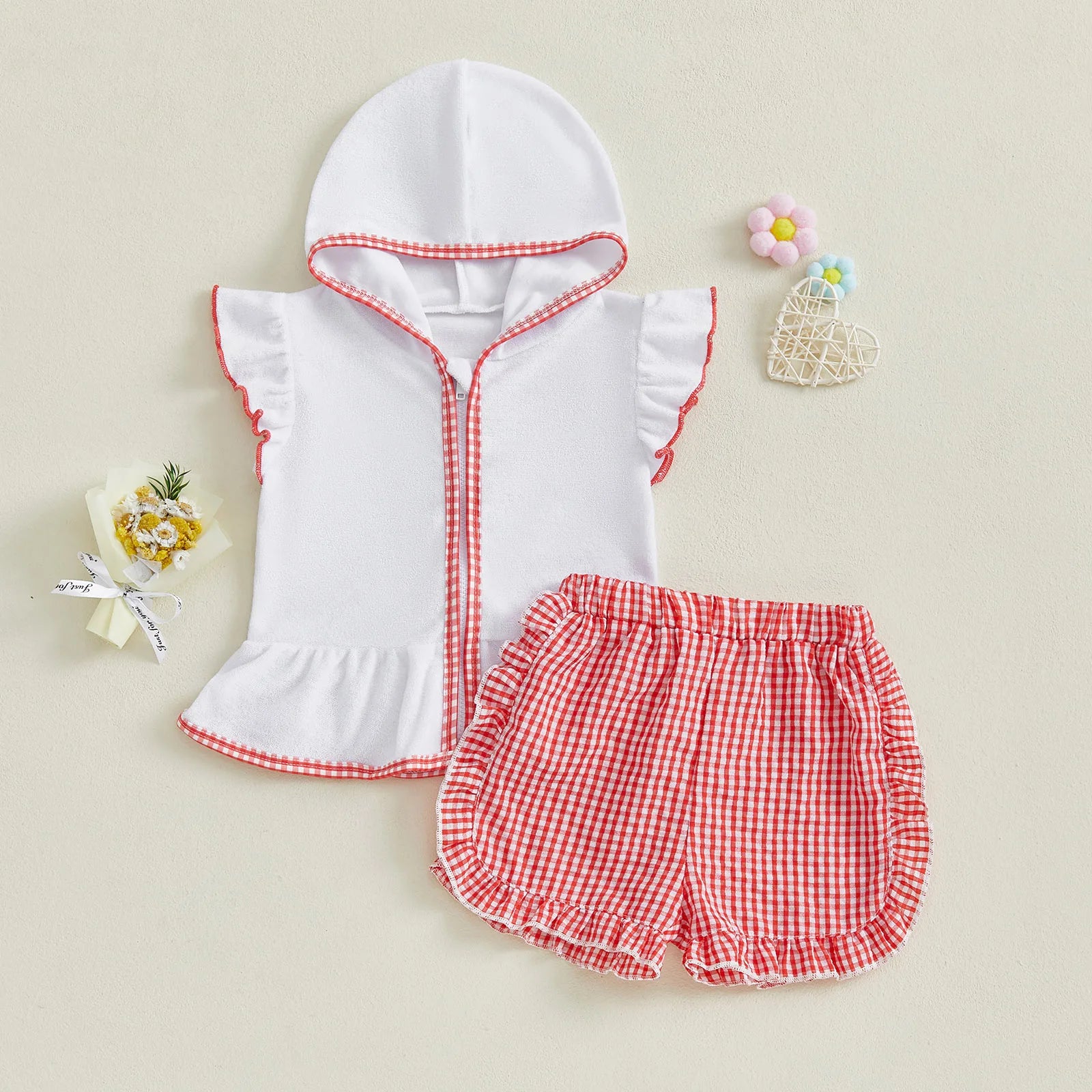 MISOWMNJOY Children Girls Beach Clothes Set Cute Flying Sleeve Zipper Hood Tops with Ruffled Plaid Shorts Summer Toddler Outfits