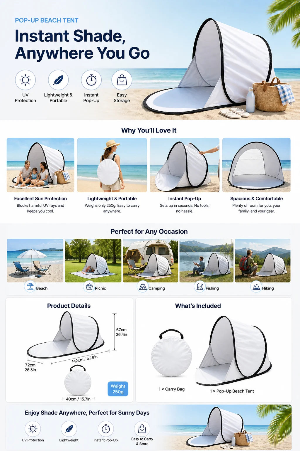 Outdoor portable automatic pop-up beach tent, sunshade, UV protection, camping tent, fishing and picnic tent, practical tent.
