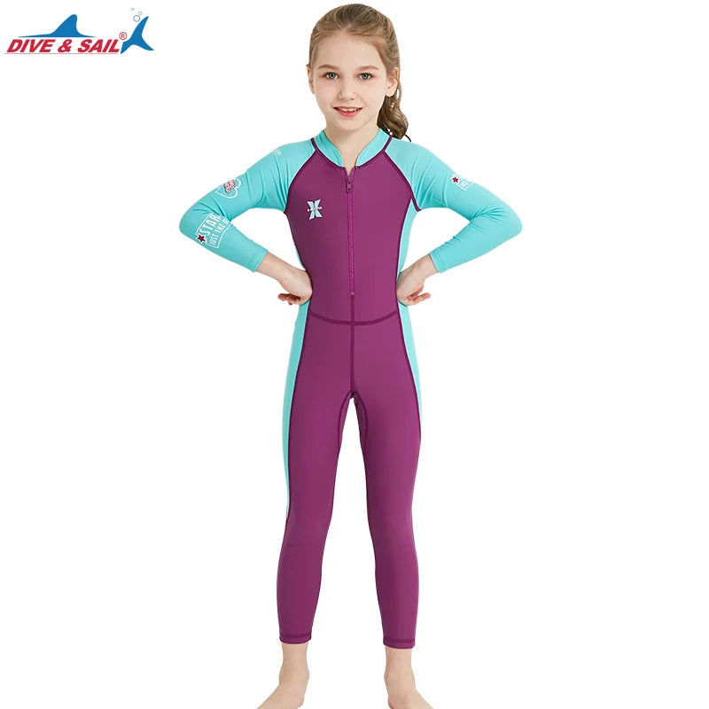 One Pieces Swimsuit Rash Guard Swimwear Long Sleeve Sunsuit for Kids 3-10Y Sun UV Protection