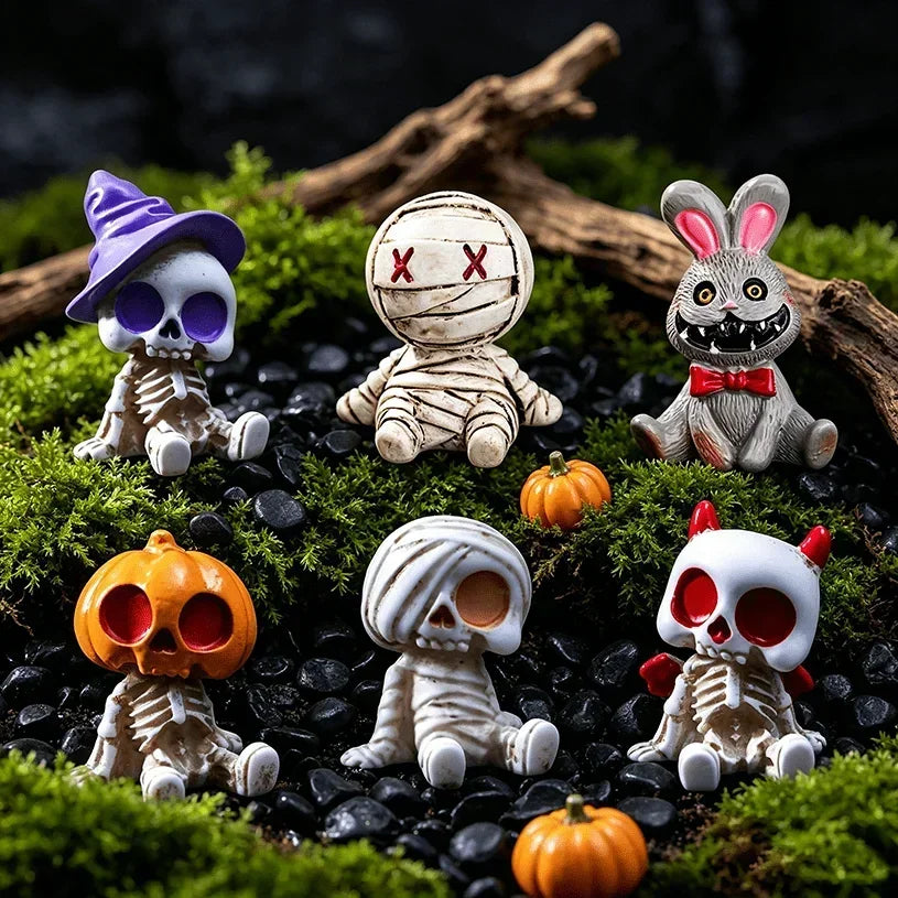 6Pcs Halloween Miniature Figurines Resin Skeleton Mummy Statues for DIY Micro Landscape Bonsai Car Desk Decor Party Gift