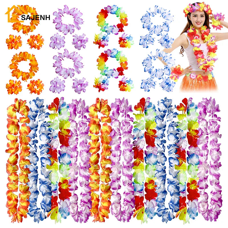 4Pcs/set Hawaiian Artificial Flowers Leis Necklace Garland Headband Wedding Birthday Beach Tropical Party Decoration