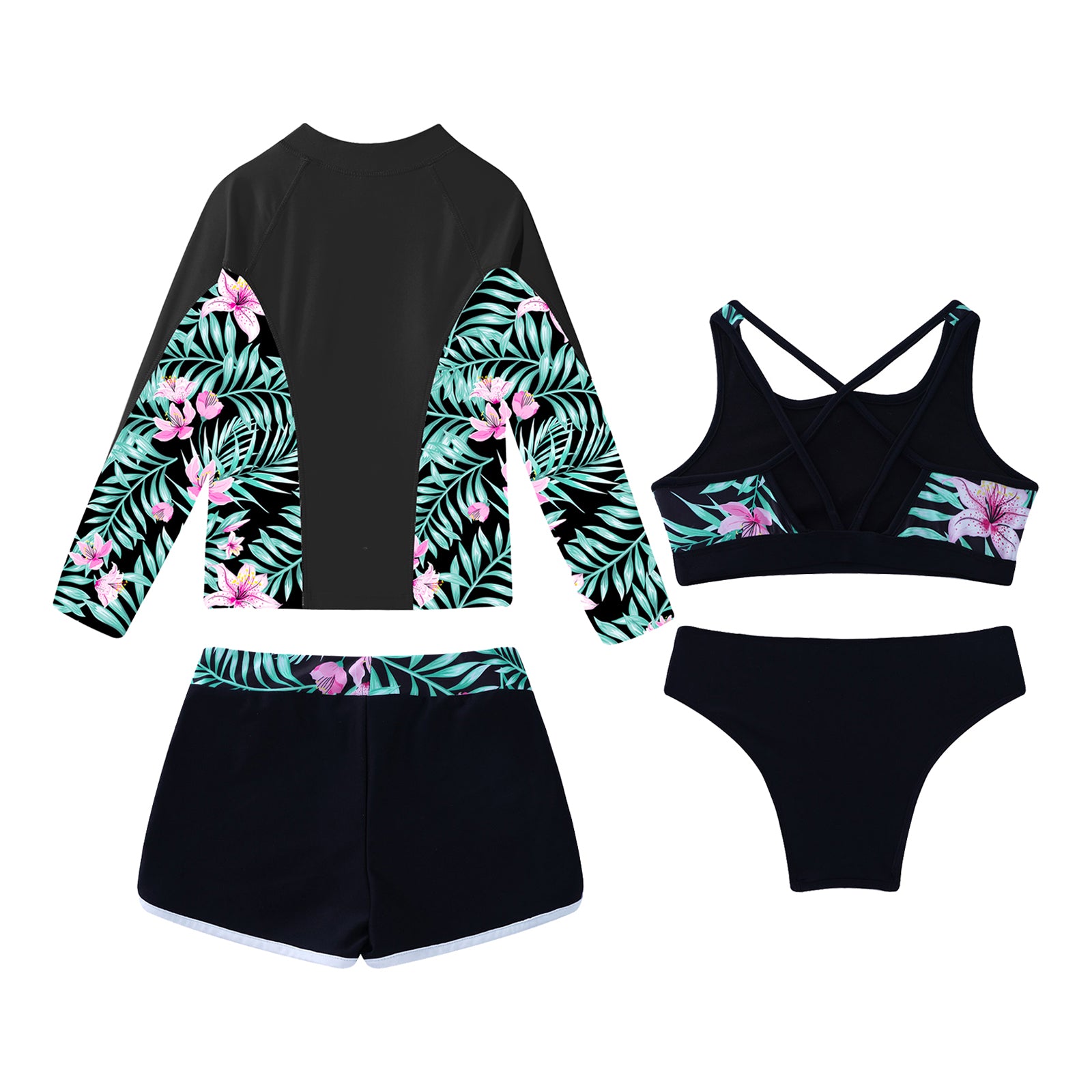 Kids Girls 4PCS Printed Swimsuit Long Sleeve Outerwear with Sleeveless Crop Top Briefs Shorts Bathing Suit Rash Guard Swimwear