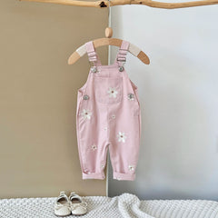 Summer Hot Baby Suspender Pants Sleeveless Flower Embroidery Loose Overalls Romper Girls Jumpsuits Boys Clothes with Pockets