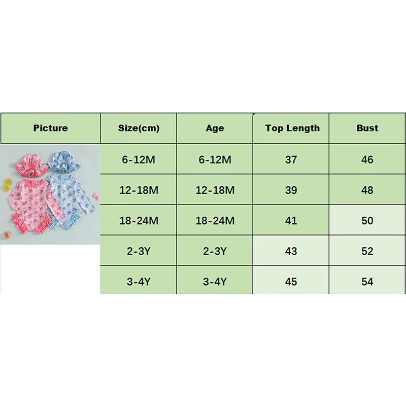 1-4T Children Baby Girl Rash Guard Swimsuit Long Sleeve Bow Plaid Print Bathing Suit Infant Swimwear with Sun Hat