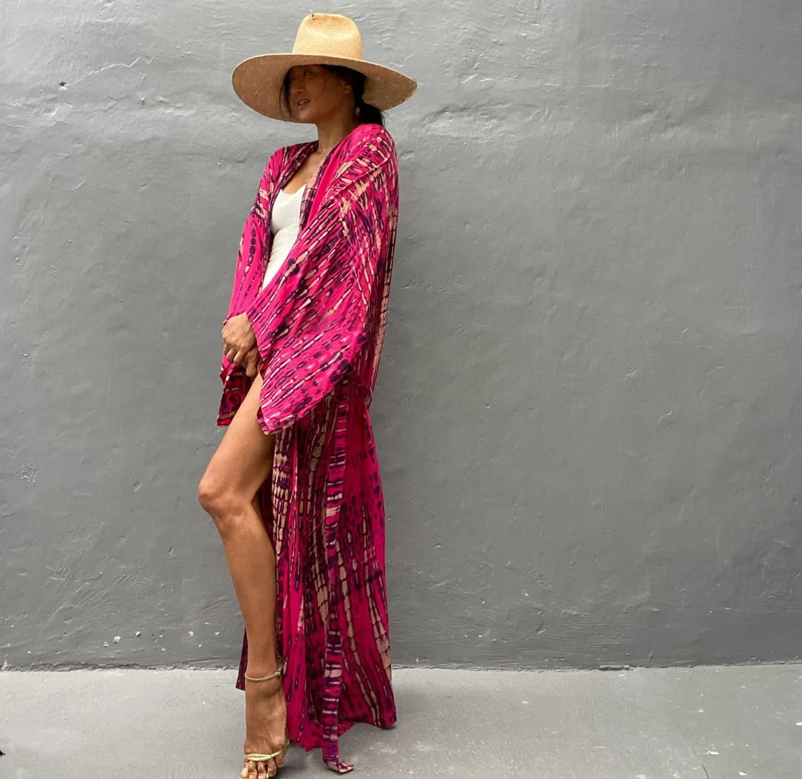Women's Boho Stripe Tie Dye Swimsuit Cover Up with Belt Tunic Sarong Cardigan Dress Bikini Cover-ups Beach Wear Kimono